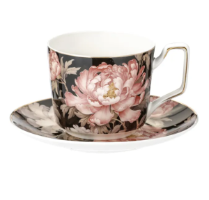 Filiżanka porcelanowa 230 ml ze spodkiem kwiaty Peony złote wykończenie