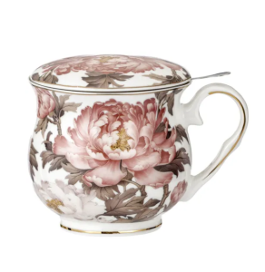 Kubek z zaparzaczem porcelana 480 ml sitko kwiaty Peony złote wykończenie