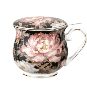 Kubek z zaparzaczem porcelana 480 ml sitko kwiaty Peony złote wykończenie