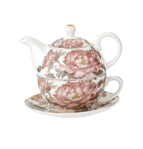 Tea for One – Zestaw filiżanka + spodek z dzbankiem Peony kwiaty dzbanek