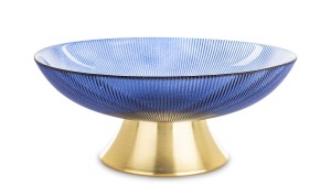 Patera dekoracyjna ryflowana szklana misa na nóżce loft niebieska złota