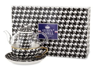Tea for One – Zestaw filiżanka + spodek z dzbankiem czarno-biały dzbanek