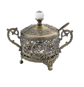 Cukiernica metalowa złota platerowana stare złoto retro pałacowa z łyżeczką