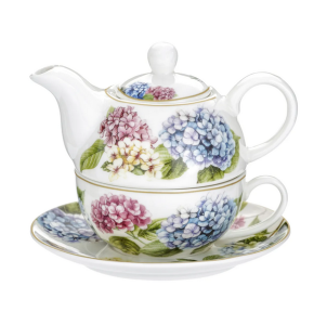 Tea for One – Zestaw filiżanka + spodek z dzbankiem hortensje pastelowe