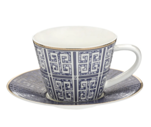 Filiżanka Porcelanowa z Wzorem Greckim, 220 ml, Spodek, Glamour niebieska