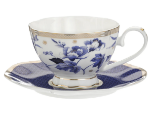 Filiżanka Porcelanowa 250 ml z Kwiatowym Wzorem, Złota Obwódka pojedyncza