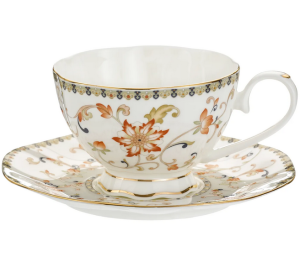Filiżanka Porcelanowa 250 ml z Kwiatowym Wzorem, Złota Obwódka ciepłe barwy