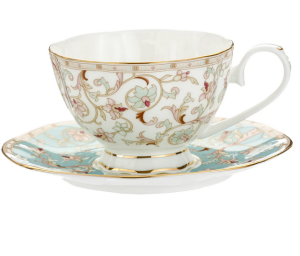 Filiżanka Porcelanowa 250 ml z Kwiatowym Wzorem, Złota Obwódka miętowa