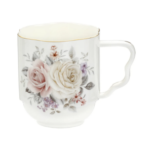 Kubek Porcelanowy 450 ml z Kwiatowym Wzorem, Złota Obwódka, pastelowy