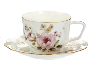 Filiżanka Porcelanowa elegancka kwiatowa pastelowa, 250 ml, Spodek, Glamour