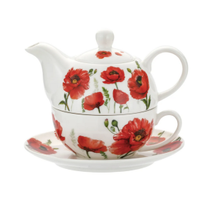 Tea for One – Zestaw filiżanka + spodek z dzbankiem maki kwiaty dzbanuszek