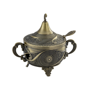 Cukiernica metalowa złota platerowana stare złoto retro pałacowa z łyżeczką