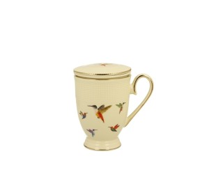 Kubek porcelanowy 400ml z zaparzaczem + sitko KOLIBRY elegancki ecru beżowy