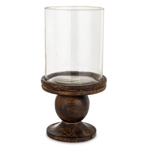 Świecznik dekoracyjny drewniany szklany na nóżce brązowy na tea light