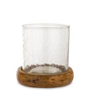 Świecznik dekoracyjny drewniany szklany na nóżce brązowy na tea light