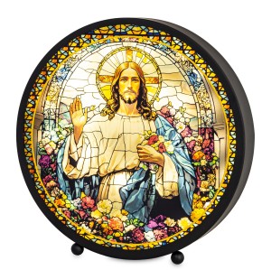 LATARNIA METALOWA LED WITRAŻOWY ŚWIĘTY WITRAŻ LAMPION DEKORACJA LATARENKA