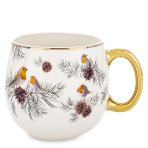 Kubek Porcelanowy ptaszki zimowy las ptaki złoty uchywt porcelana 540ml 