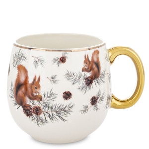 Kubek Porcelanowy wiewiórki zimowy las iglasty złoty uchywt porcelana 540ml