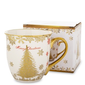 Kubek Porcelanowy choinki choinka las śnieżki złoty uchywt porcelana 560ml