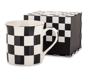 Elegancki kubek porcelanowy w czarno-białe kratki z pozłacaną krawędzią 380