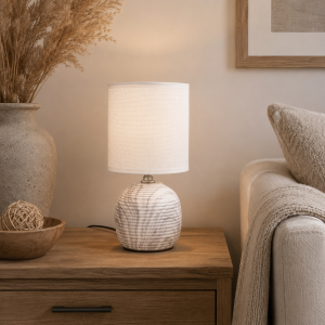 Lampa stołowa dekoracja glamour ceramiczna z kloszem lampka nocna biała