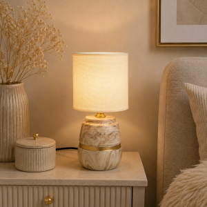 Lampa stołowa dekoracja glamour ceramiczna z kloszem lampka nocna beżowa