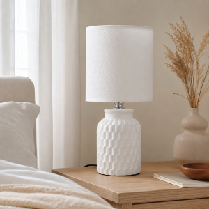Lampa stołowa glamour ceramiczna z kloszem lampka nocna biała