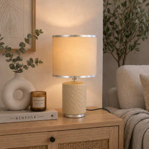 Lampa stołowa glamour ceramiczna z kloszem lampka nocna beżowa kremowa