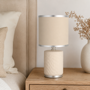 Lampa stołowa glamour ceramiczna z kloszem lampka nocna kremowa