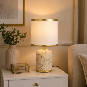 Lampa stołowa glamour ceramiczna z kloszem lampka nocna beżowo - złota