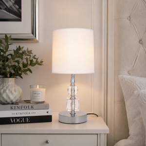Lampa stołowa glamour ceramiczna z kloszem lampka nocna biało - srebrna