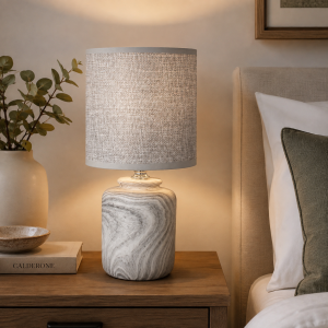 Lampa stołowa glamour ceramiczna z kloszem lampka nocna szara