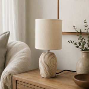 Lampa stołowa glamour ceramiczna z kloszem lampka nocna beżowa