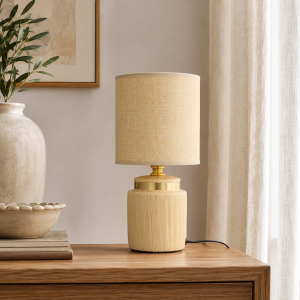 Lampa stołowa glamour ceramiczna z kloszem lampka nocna beżowa