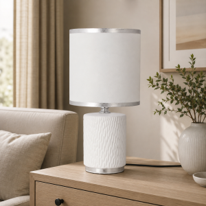 Lampa stołowa glamour ceramiczna z kloszem lampka nocna biała srebrna