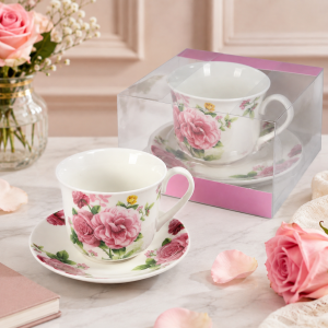 Filiżanka pojedyncza 400ml + spodek delikatne kwiaty różowe elegancja