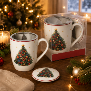 Kubek porcelanowy świąteczny kubeczek z zaparzaczem bajkowy 500ml święta