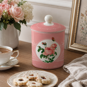 Pojemnik porcelanowy z pokrywką Kwiaty Motyl różowy pastelowy na cukier