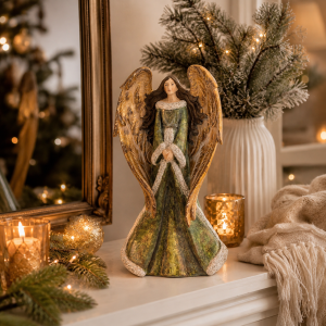 Anioł Figura Aniołek zielono złoty elegancki figurka Dekoracja Ozdoba
