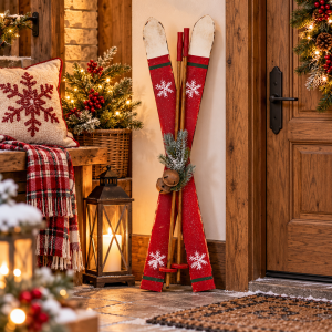 Dekoracyjne narty figurka czerwone rustykalne bajkowe święta Christmas