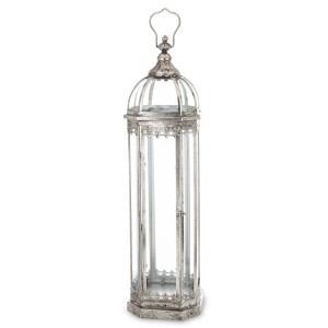 Lampion metalowy wysoki srebrny przecierany vintage shabby chic latarnia