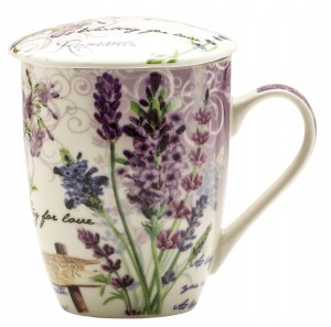 Kubek z zaparzaczem porcelanowy + pokrywka + sitko 388-8047 – Lawenda