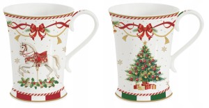 Kubki 2szt porcelanowe 300ml kubek świąteczny konik na biegunach i choinki